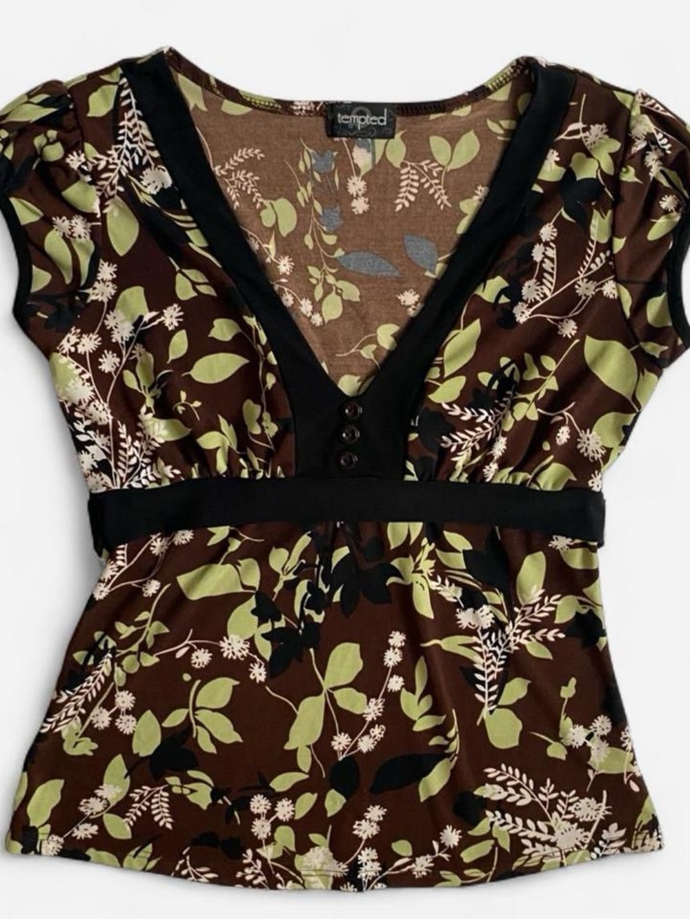 Vintage Y2K brown & green floral tie back babydoll top